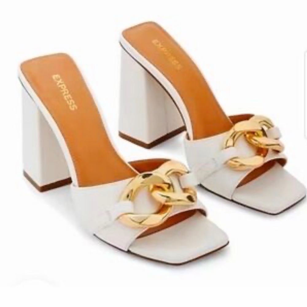 Express Chic White and Gold buckle Heeled Mules